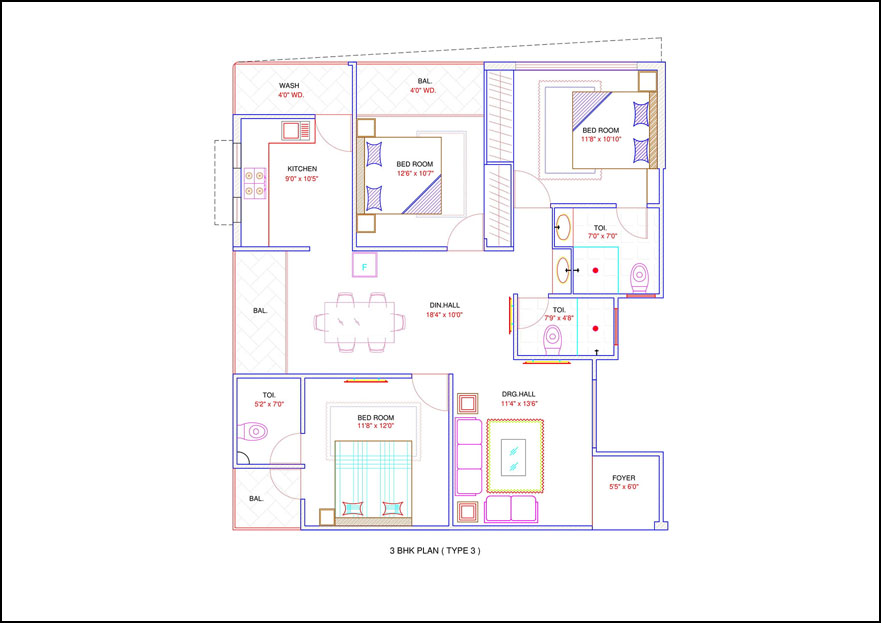 3BHK Flats in Indore Floor Plan