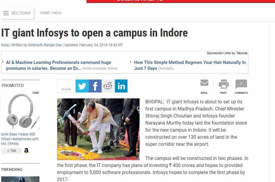 IT giant Infosys to open a campus in Indore IT giant Infosys to open a campus in Indore