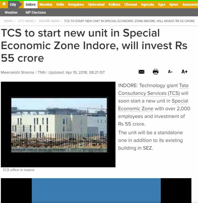 TCS to start new unit in Special Economic Zone Indore, will invest Rs 55 crore TCS to start new unit in Special Economic Zone Indore, will invest Rs 55 crore
